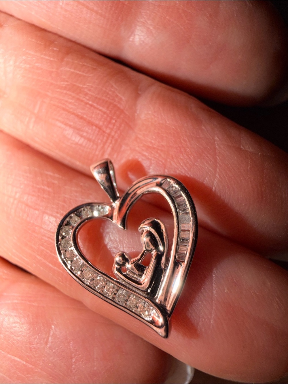 Sterling Silver Heart Madonna Mother & Child Pendant - Silver and Diamonds